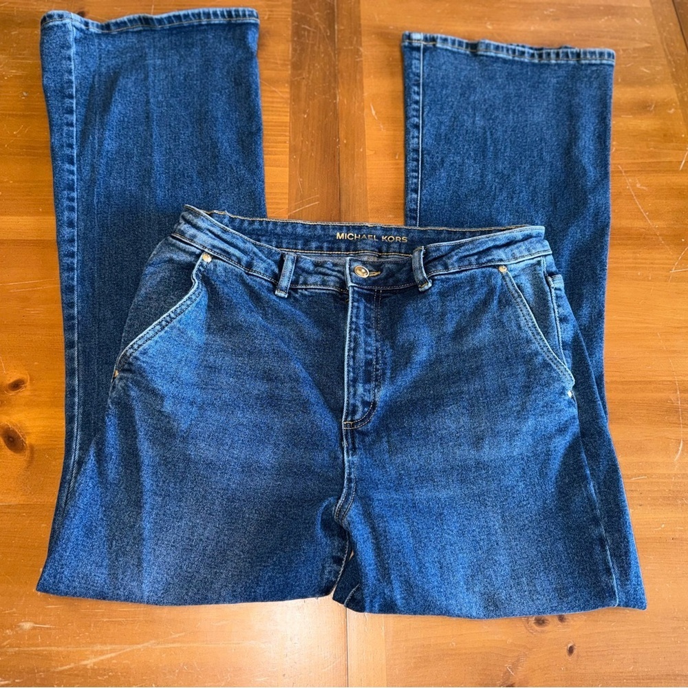Michael Kors Denim Jeans Sz 12 Front Pockets Flare Dark Wash Classic Chic Womens